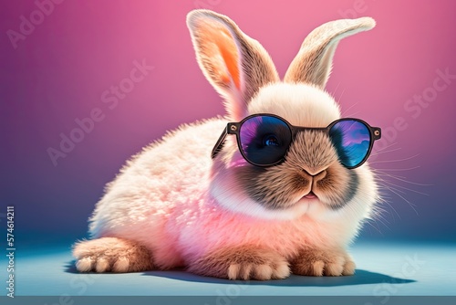 Cute spring bunny on pink background wearing sunglasses. Ai generative.