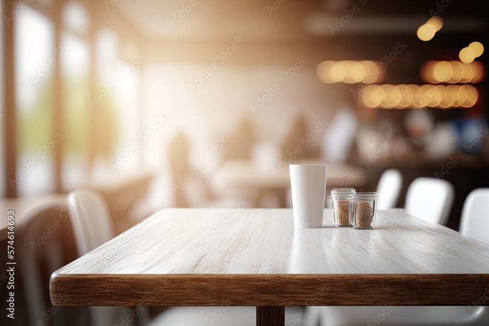 Light Wood Restaurant Table on Blurred Kitchen Background, Cafe Table Mockup, Generative AI Illustration Light Wood Restaurant Table on Blurred Kitchen Background, Cafe Table Mockup, Generative AI Illustration
