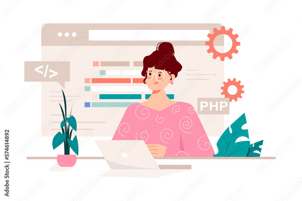 Programming pink concept with people scene in the flat cartoon style. Programmer writes a code for applications using a programming language. Programming pink concept with people scene in the flat cartoon style. Programmer writes a code for applications using a programming language.