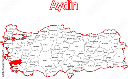 Vektorkarte der Türkei - mit Landkreiskarte des Districts Aydin photo