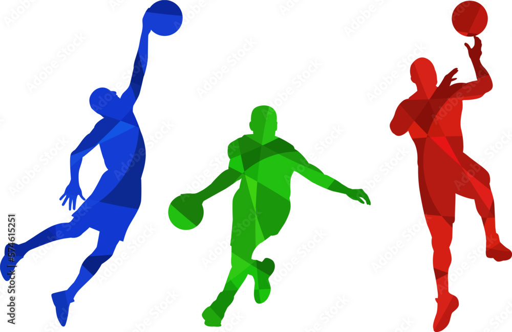 Set of silhouettes of basketball players on white background. Isolated vector colored images. Abstract blue, green and red vector image of sportsmen. Set of silhouettes of basketball players on white background. Isolated vector colored images. Abstract blue, green and red vector image of sportsmen.