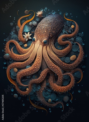 Illustration of mythologic octopus figure from above. Generative AI. © ern