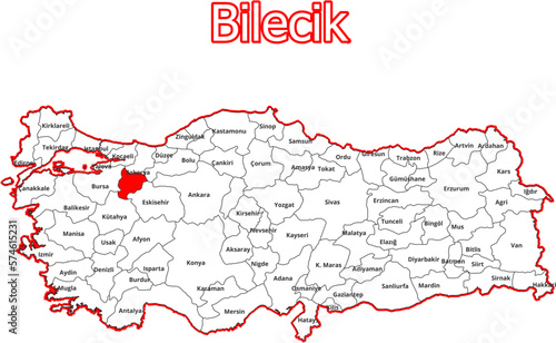 Vektorkarte der Türkei - mit Landkreiskarte des Districts Bilecik photo