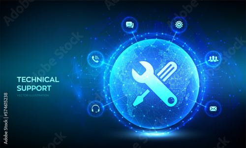 Technical support. Customer help. Global international tech support. Customer service, Business and technology concept. Earth planet globe. Vector Illustration.