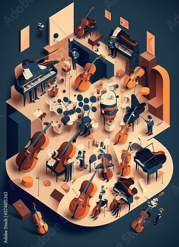 Top view illustration of orchestra with musical instruments including string instruments, such as the violin, viola, cello, and double bass. Concept of classic music. Generative AI.