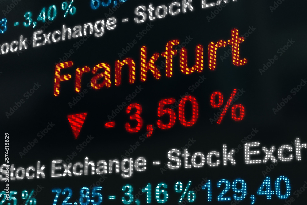 Frankfurt stock exchange moving down. Germany, Frankfurt negative stock market data on a screen. Red percentage sign and ticker information. Stock exchange and business concept. 3D illustration