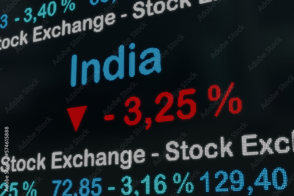 India stock market moving down. Mumbai, India, negative stock market data on a trading screen. Red percentage sign and ticker information. Stock exchange and business concept. 3D illustration