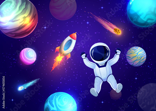 Cartoon astronaut in outer space, galaxy landscape