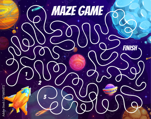 Space labyrinth maze with spaceship and planets