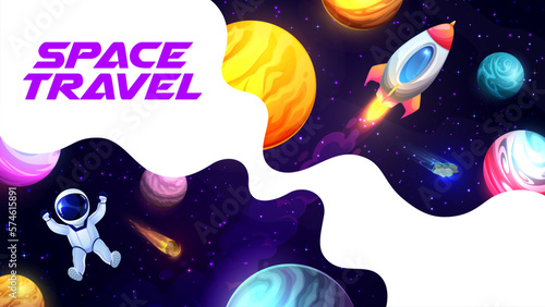 Space travel poster with cartoon astronaut, planet