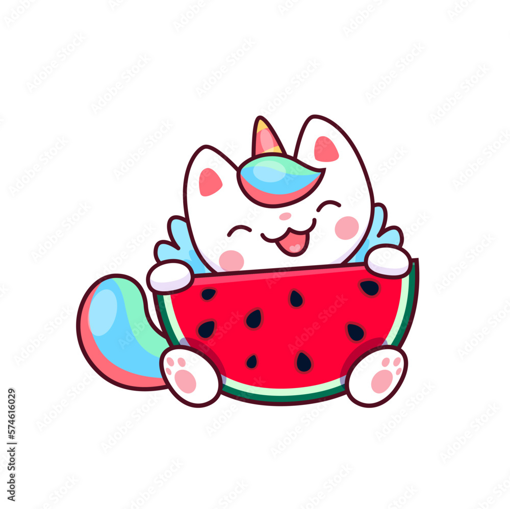 Cartoon kawaii caticorn character with watermelon Cartoon kawaii caticorn character with watermelon