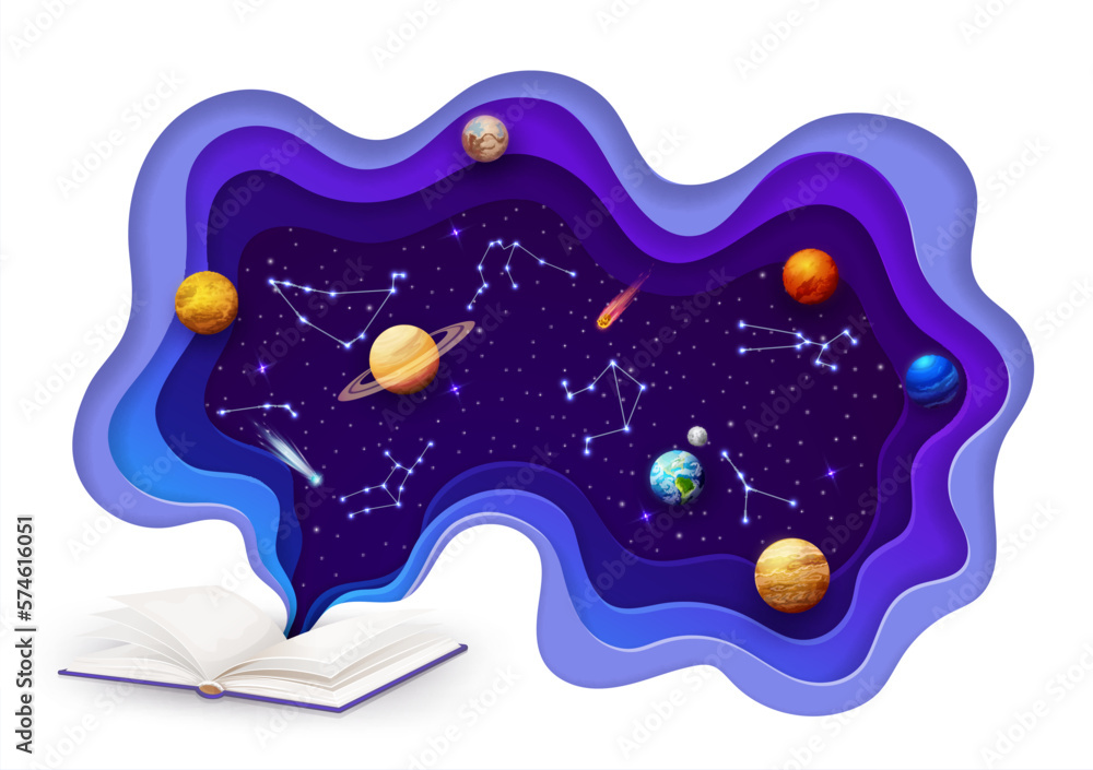Space paper cut with opened book, planets, galaxy