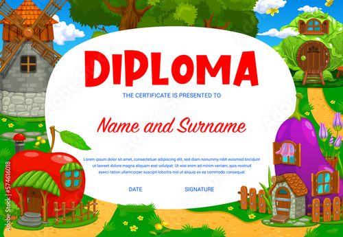 Kids diploma cartoon fairytale house buildings