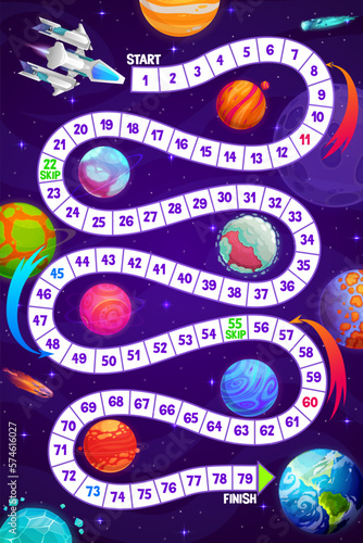 Kids space game with starship, planets and earth