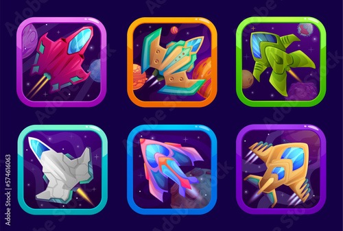 Cartoon space game app spaceship icons buttons set