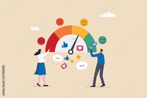 Sentiment analysis on customer feedback, brand reputation or positive review, social voice, rating or opinion report, reaction or survey concept, business people analyze social sentiment dashboard. photo