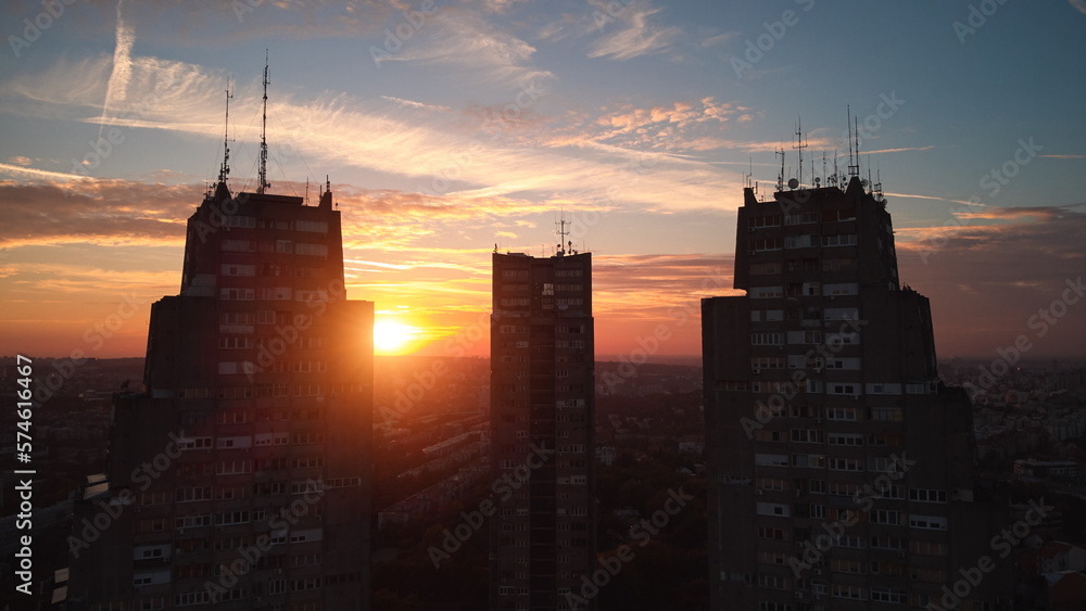 Eastern gate buildings, one of recognizable brutalism architecture symbols of Belgrade, Serbia.