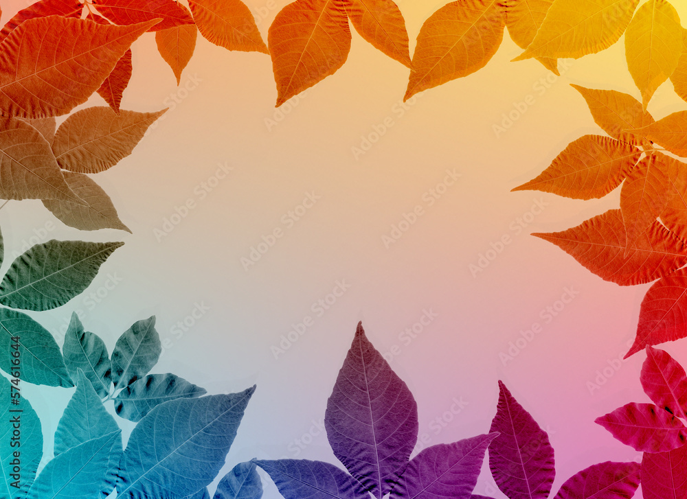 leaf on a light background. Sunny summer bright sweet multicolor blurred Background. Purple, ultraviolet, violet, red  fashion pop art gradient mesh. Trendy hipster out-of-focus effect. Horizontal Lay