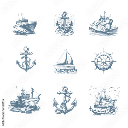 Marine doodles set with ships, boats and nautical anchors. Vector illustrations in hand drawn style.