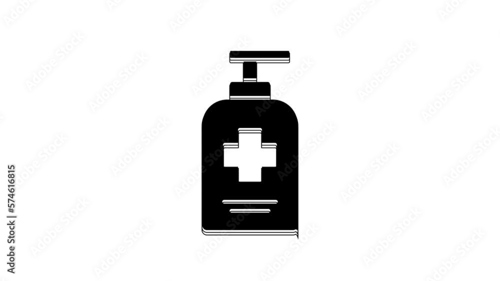 Black Bottle of liquid antibacterial soap with dispenser icon isolated on white background. Antiseptic. Disinfection, hygiene, skin care. 4K Video motion graphic animation Black Bottle of liquid antibacterial soap with dispenser icon isolated on white background. Antiseptic. Disinfection, hygiene, skin care. 4K Video motion graphic animation