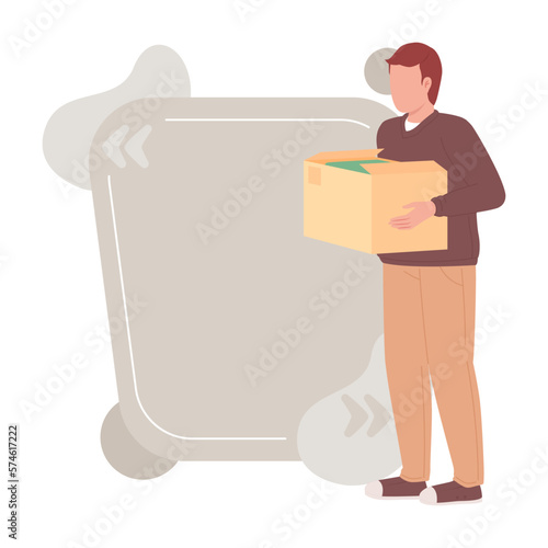 Man holding cardboard box with clothes quote textbox with flat character. Clothing donation. Speech bubble with editable cartoon illustration. Creative quotation isolated on white background