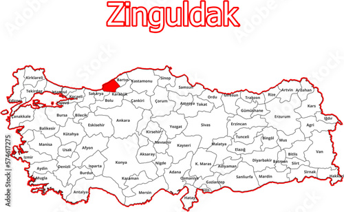 Vektorkarte der Türkei - mit Landkreiskarte des Districts Zinguldak