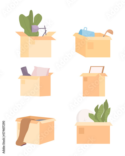 Open packing boxes with belongings semi flat color vector objects bundle. Editable icons. Full sized items on white. Simple cartoon style spot illustration pack for web graphic design and animation
