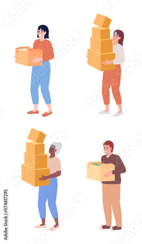 People carrying heavy cardboard boxes semi flat color vector characters set. Editable full body figures on white. Simple cartoon style spot illustration pack for web graphic design and animation