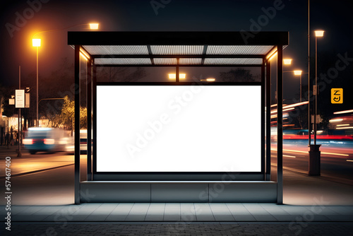 Foto Modern Empty space advertisement board, blank white signboard in city in night,