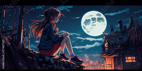 lofi girl sitting on the roof looking on moon