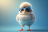 Cute spring baby chick on blue background wearing sunglasses. Ai generative.
