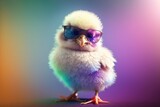 Cute spring baby chick on colorful background wearing sunglasses. Ai generative.