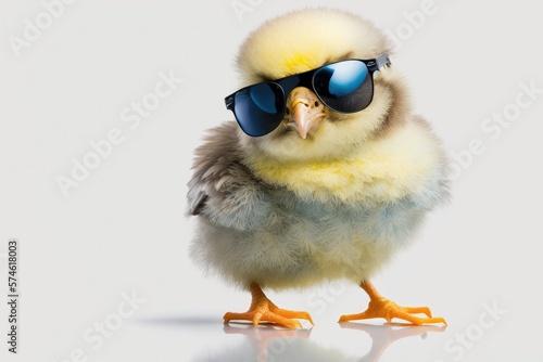 Cute spring baby chick on white background wearing sunglasses. Ai generative.