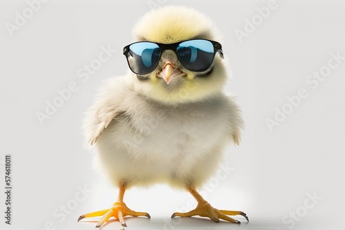 Cute spring baby chick on white background wearing sunglasses. Ai generative.