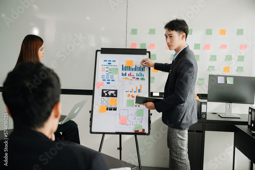 Wallpaper Mural The boss stands near the board with graphs, demonstrates statistics, various personnel attending the training, introduces the new products of the company, in office. Torontodigital.ca