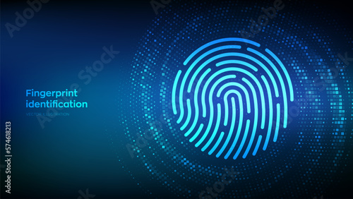 Fingerprint. Biometrics identification and approval. Password control through fingerprints. Cyber security concept. Binary Data Flow. Virtual tunnel warp made with digital code. Vector illustration.