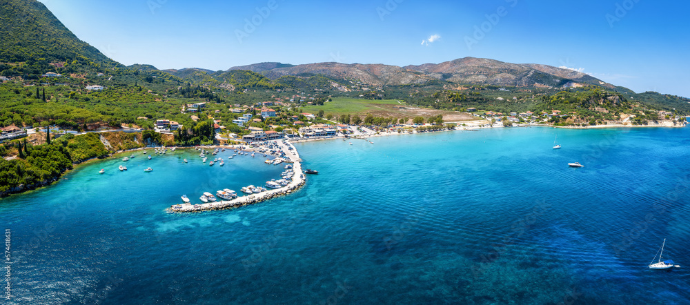 Aerial, panoramic view over the marina to the beautiful village of Limni Keri, bay of Laganas, Zakynthos, Greece