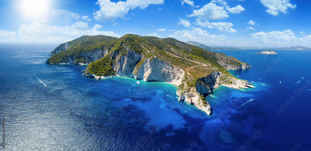 Obraz na płótnie Aerial, panoramic view of the south coast of Zakynthos island, Greece, with the famous beaches and caves at the Keri area, popular daytripping destination for boats w salonie