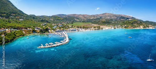 Aerial, panoramic view over the marina to the beautiful village of Limni Keri, bay of Laganas, Zakynthos, Greece photo