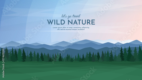 Summer landscape in the countryside. Panoramic view of mountain peaks, forest and green valley against clear sky background. Vector illustration background.