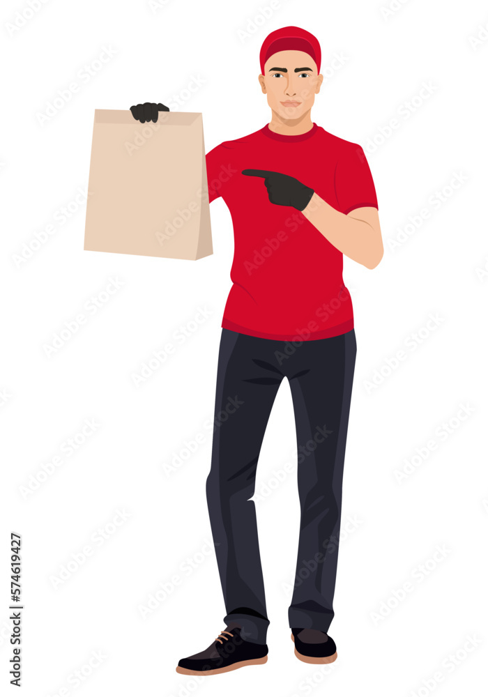 Delivery man holding package in in a hand. and referring to it with the other hand Delivery man holding package in in a hand. and referring to it with the other hand