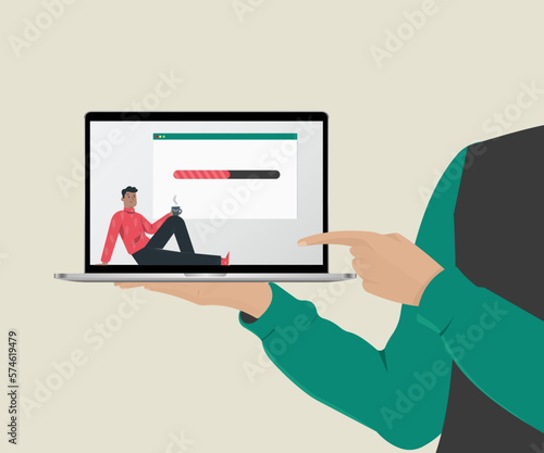 Hands Holding laptop and referring to laptop screen