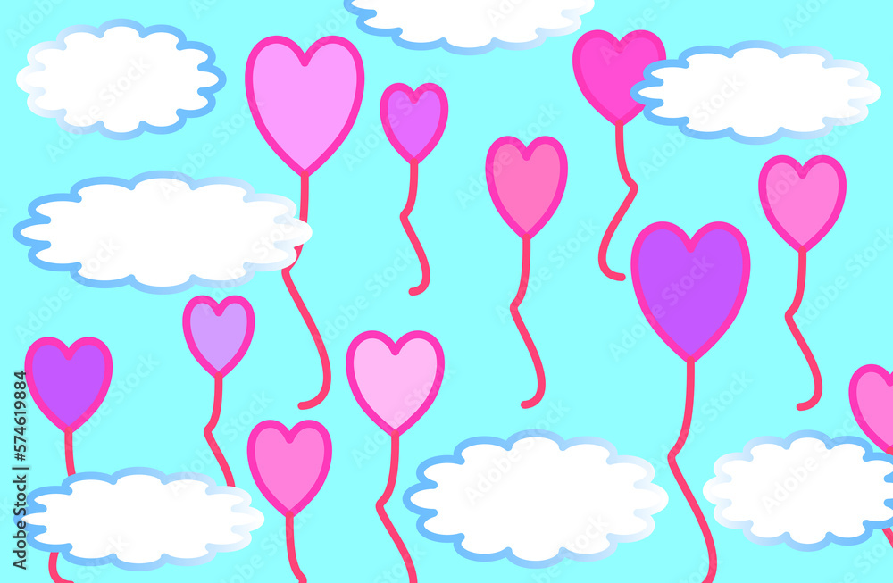 Illustration, pink and violet heart shaped balloons, over a set of scattered clouds and blue sky.