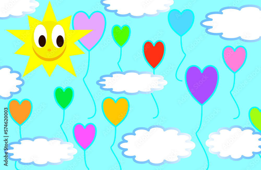 Illustration, colorful balloons in the shape of a heart, on a set of clouds and blue sky, with a shining sun.