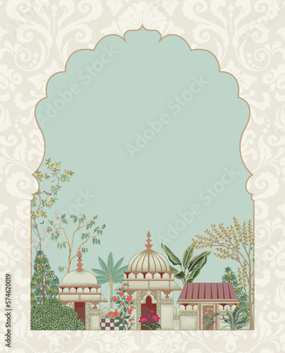 Fotografia Traditional Islamic Mughal garden arch, palace with peacock illustration frame f