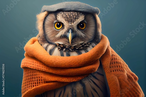 Owl wearing human clothing. Solid color background, studio style. Portrait photo. Generative AI. photo