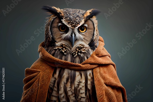Owl wearing human clothing. Solid color background  studio style. Portrait photo. Generative AI.