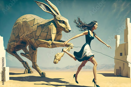 Surrealist dream, dali style, of a woman running away from boxes of weird rabbits in an impossible environment, nightmare style