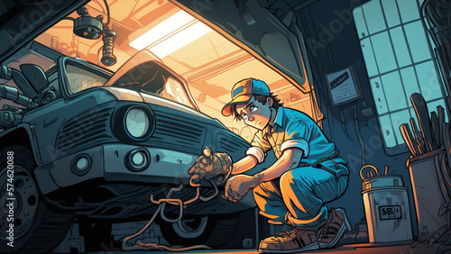 Male mechanic cartoon, working on a vehicle, car service. created with Generative AI technology.