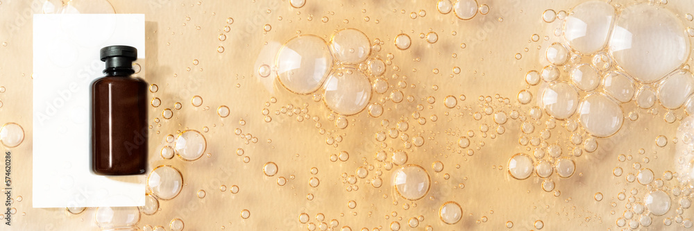 Abstract cosmetic bottle on the white podium on cosmetic smear bubbles background. Snampoo, gel, lotion products presentation for web banner.Copy space Abstract cosmetic bottle on the white podium on cosmetic smear bubbles background. Snampoo, gel, lotion products presentation for web banner.Copy space